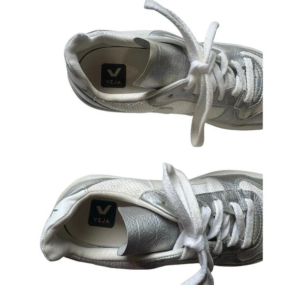 Veja V 10 Iridescent Metallic Sneakers Leather And Canvas White Silver Size 8 - Picture 8 of 13